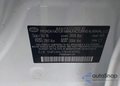 2019 Hyundai Elantra Sel z USA, uszkodzony, nr VIN 5NPD84LF7KH410995